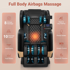 Zero Gravity Full Body Massage Chair with 10 Fixed Rollers, Soothing Heat Function, Deep-Kneading Foot Massager, Bluetooth Speakers, Black